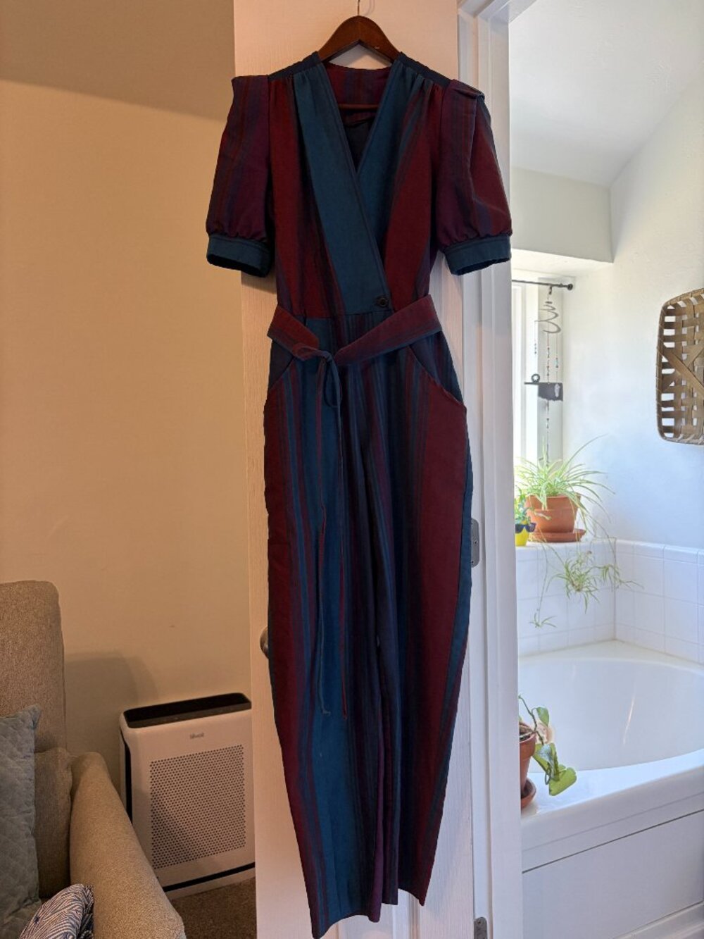 Vintage Burgundy and Navy Striped Jumpsuit